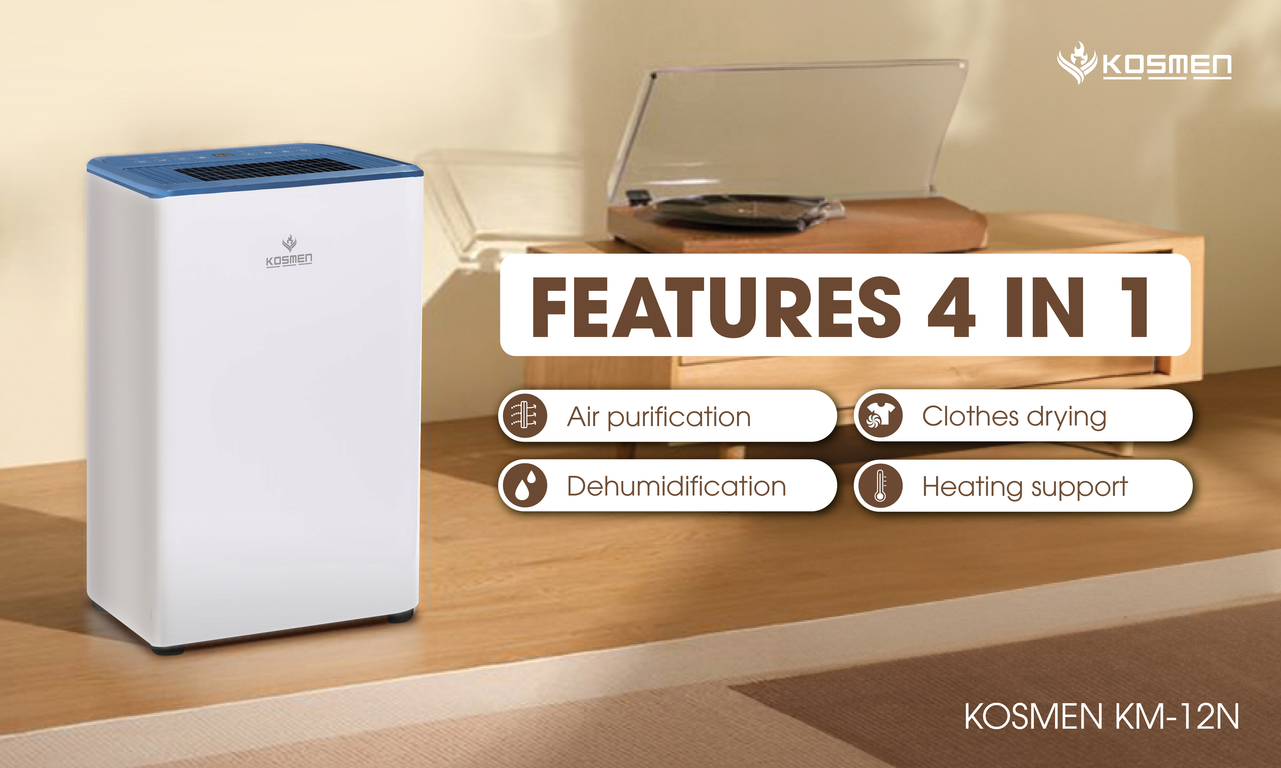 The Kosmen KM-12N Dehumidifier is equipped with 4-in-1 functionality