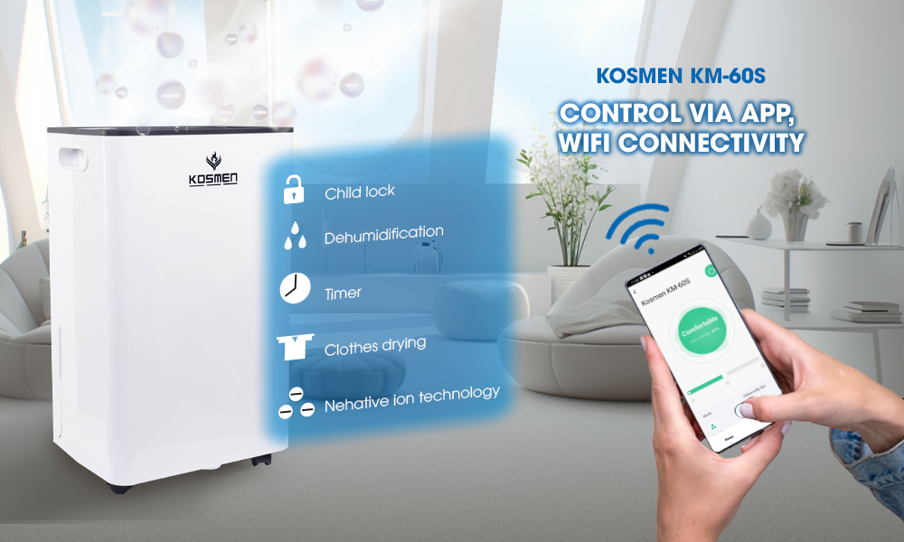 The Kosmen KM-60S Dehumidifier has Wi-Fi connectivity, adjustable via app